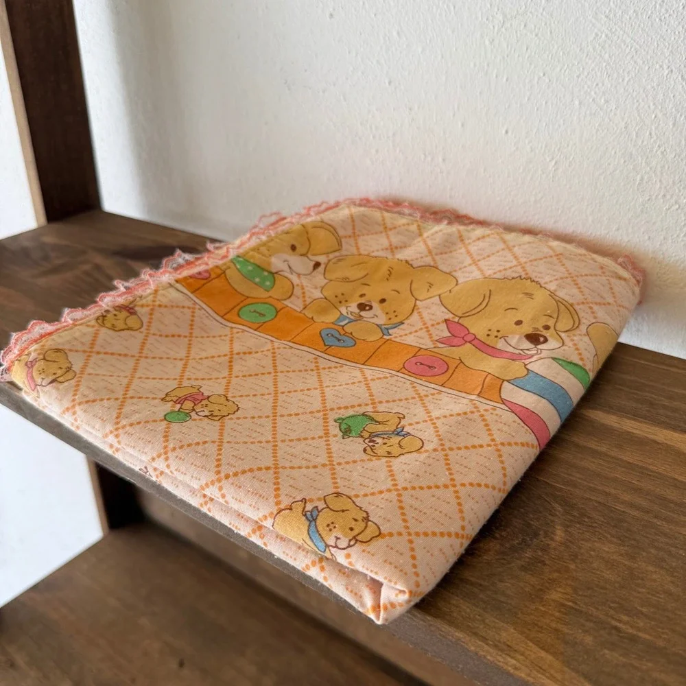Vintage Puppy Dog Nursery Receiving Blanket Orange Lace Trim Retro 35x40
